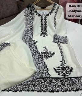 Classic Off-White Star Georgette Readymade Salwar Suit with Heavy Black Embroidery